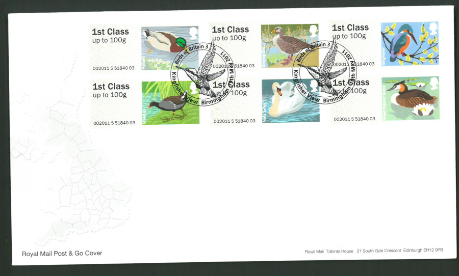 2011 Royal Mail Birds of Britain 3 Post & Go First Day Cover, Kingfisher View Birmingham Postmark